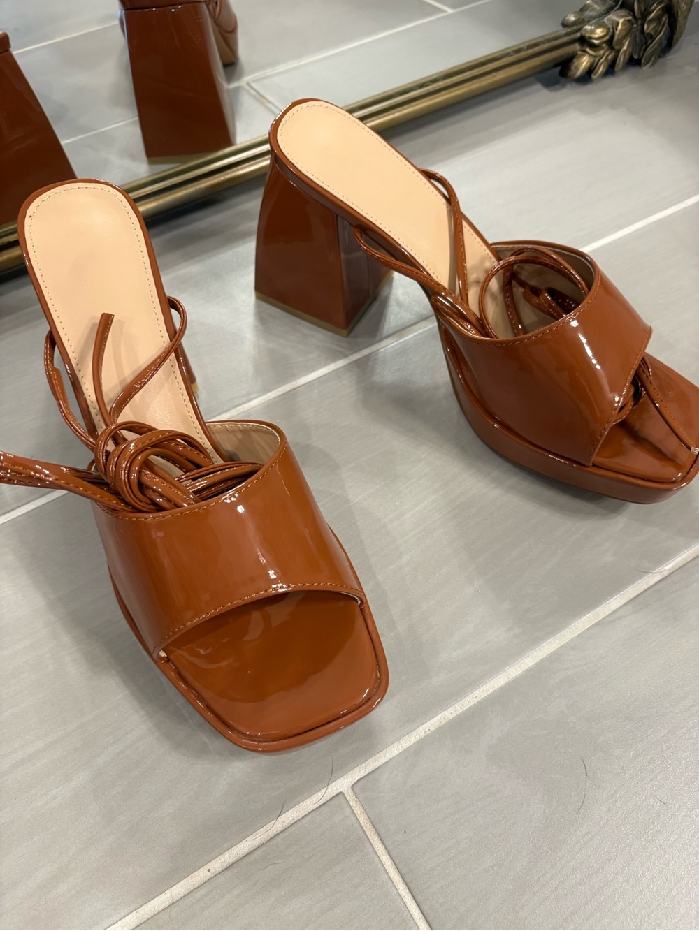 Patent Brown Block Heel Slide Sandals with Wrap Straps